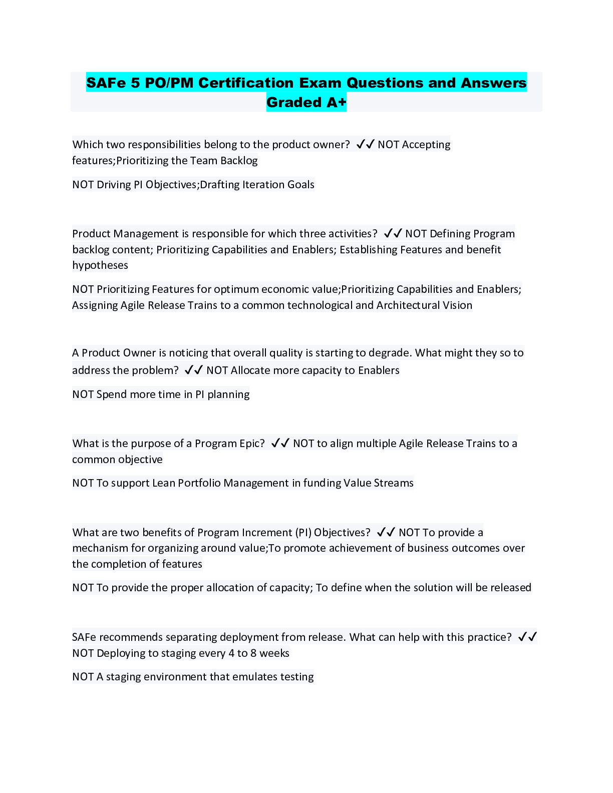 Preview image for SAFe 5 PO/PM Certification Exam Questions and Answers Graded A+
